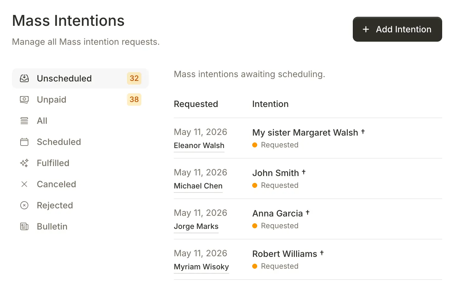 Mass Intentions data table filtered to Unscheduled with a sidebar of status filters, an Add Intention button, and a list of requested intentions awaiting scheduling