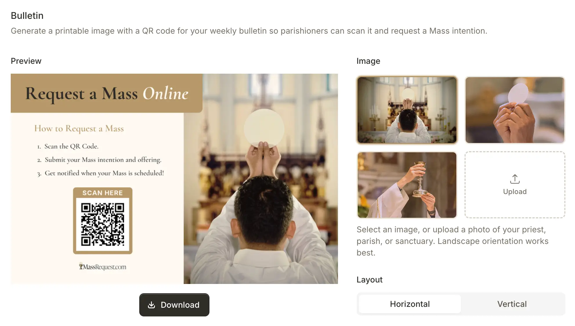 Bulletin graphic generator with a printable preview of a Request a Mass Online flyer, QR code, image picker, and horizontal or vertical layout selector