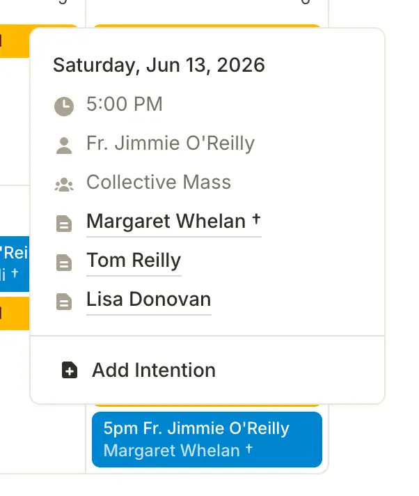 Calendar popover showing a Collective Mass with one celebrant carrying three intentions at a single Mass