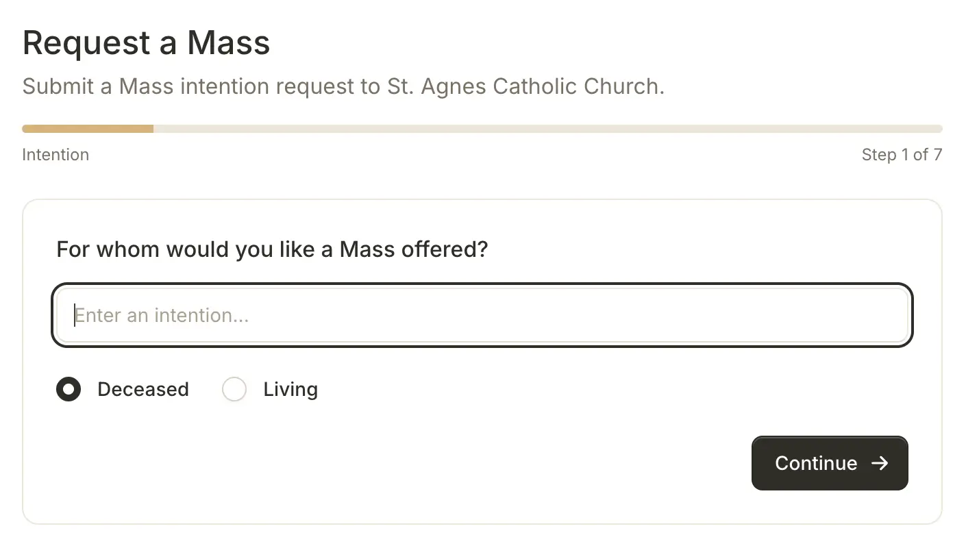 Parishioner request form with intention details