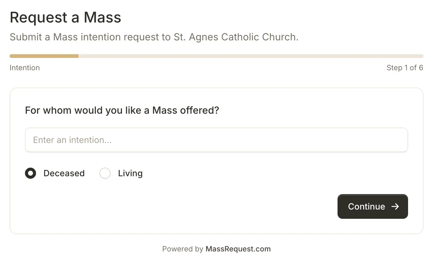 Embedded Request a Mass form on a parish website, asking for whom the Mass should be offered with Deceased and Living options
