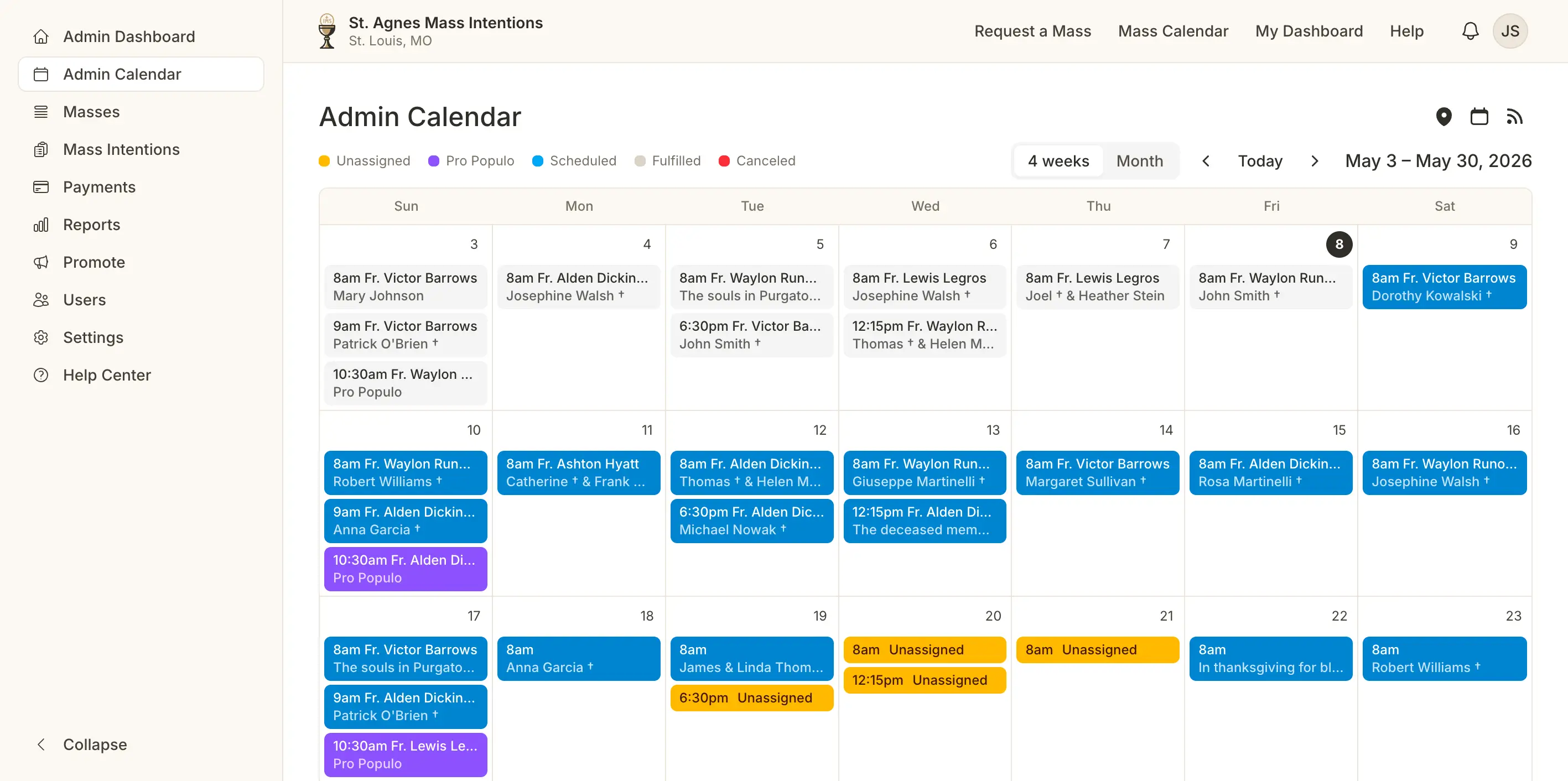 Admin calendar showing scheduled Mass intentions across the month