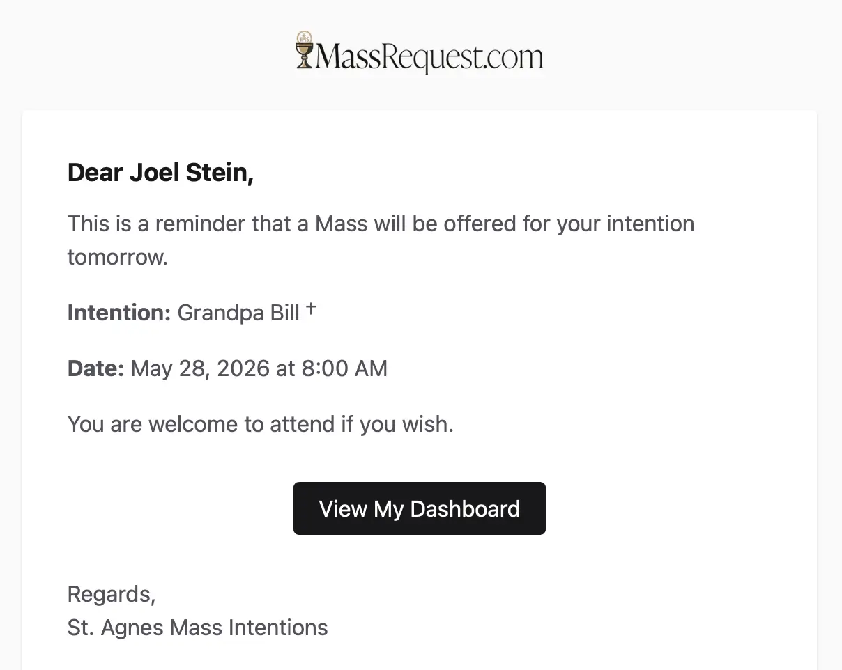 Day-before reminder email to a parishioner with the intention name, scheduled date and time, and a View My Dashboard button