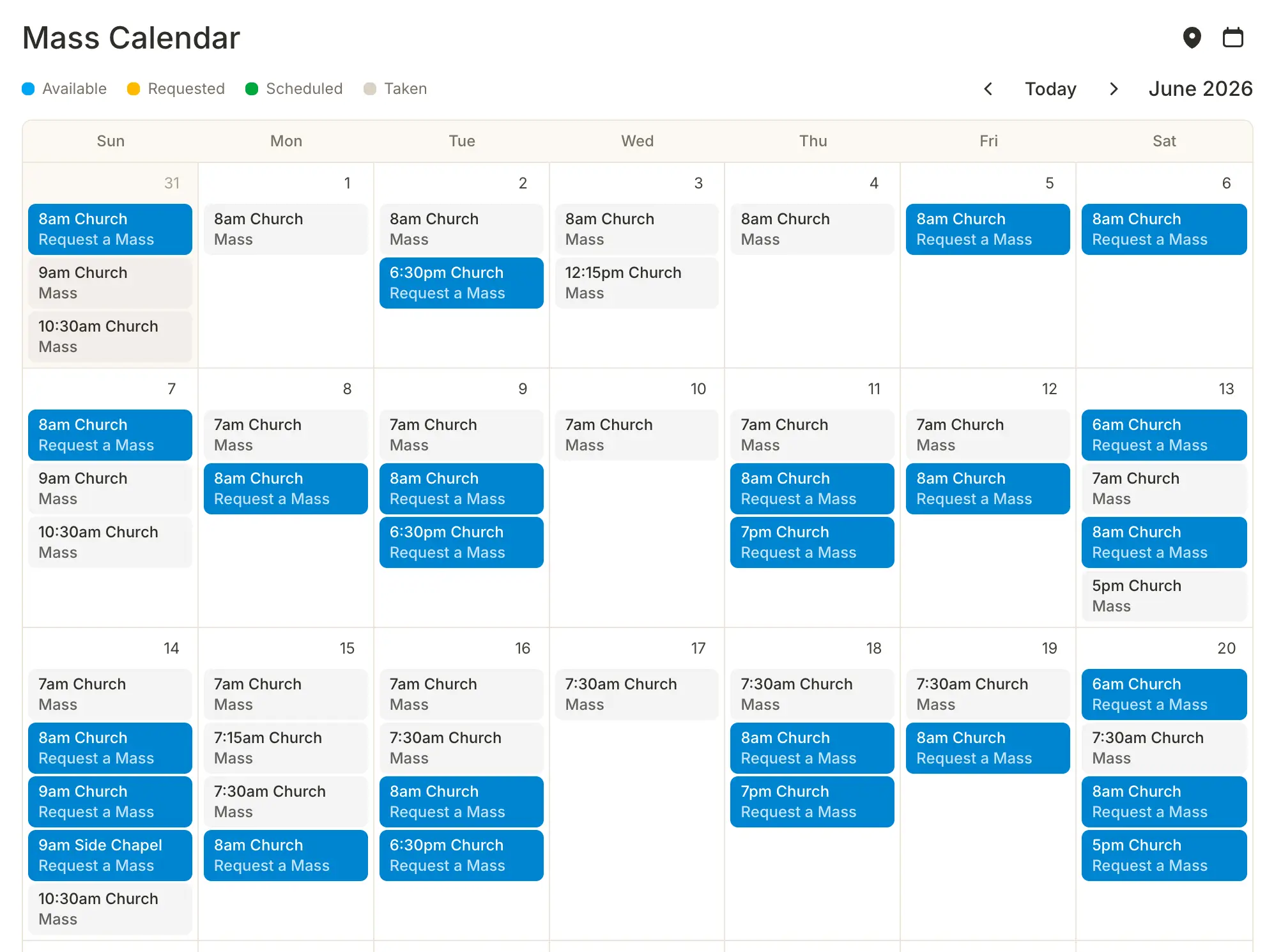 Public Mass Calendar showing a parish's month view with available, requested, scheduled, and taken Mass times color-coded for visitors
