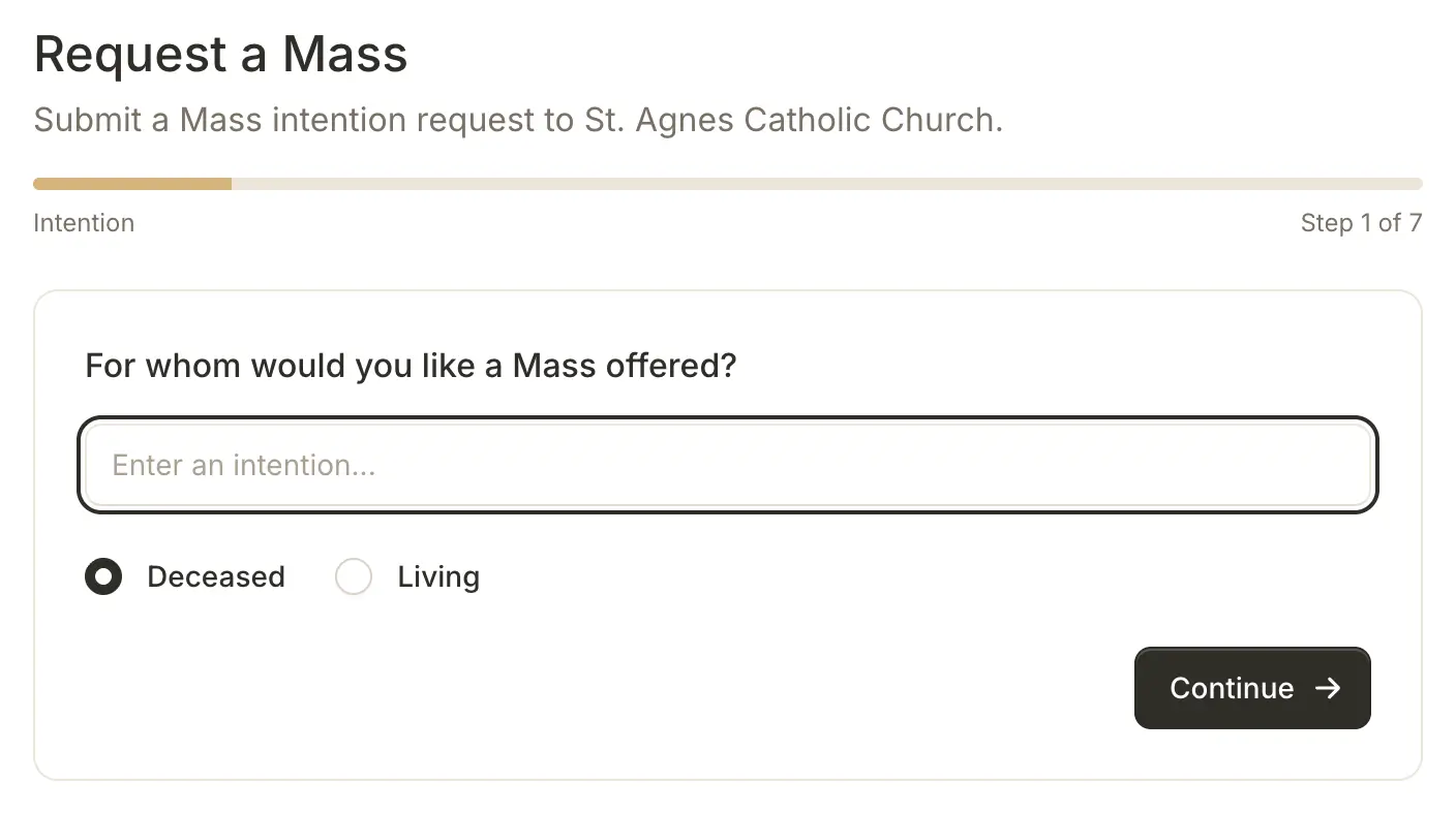 Step 1 of the public Mass intention request form prompting for the intention name