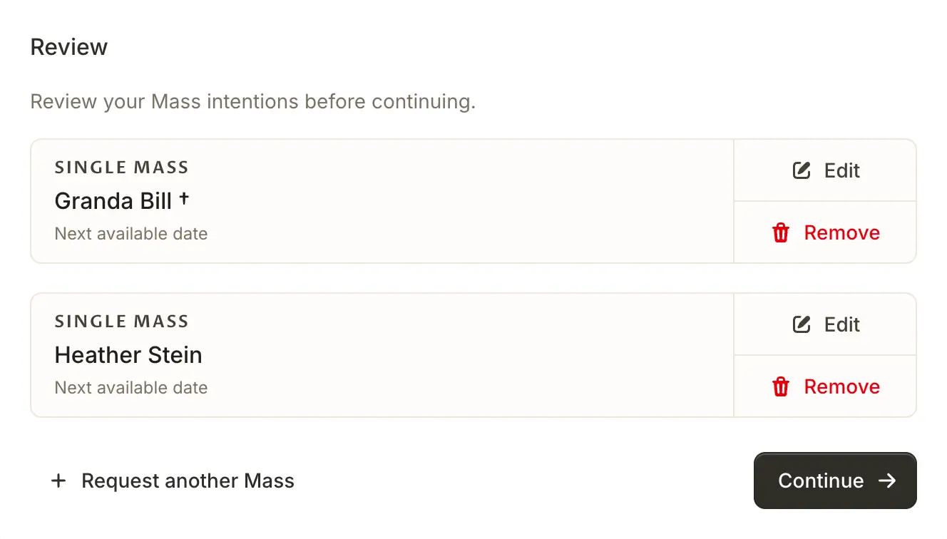 Review step of the request form listing two Single Mass intentions ready to submit